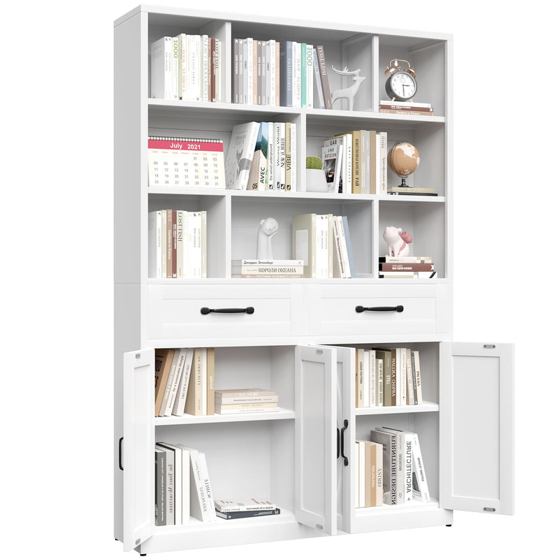 Bookcase Tall With 2 Doors & 2 Drawers, Fixed Open Shelves - White by HouseOfZazla