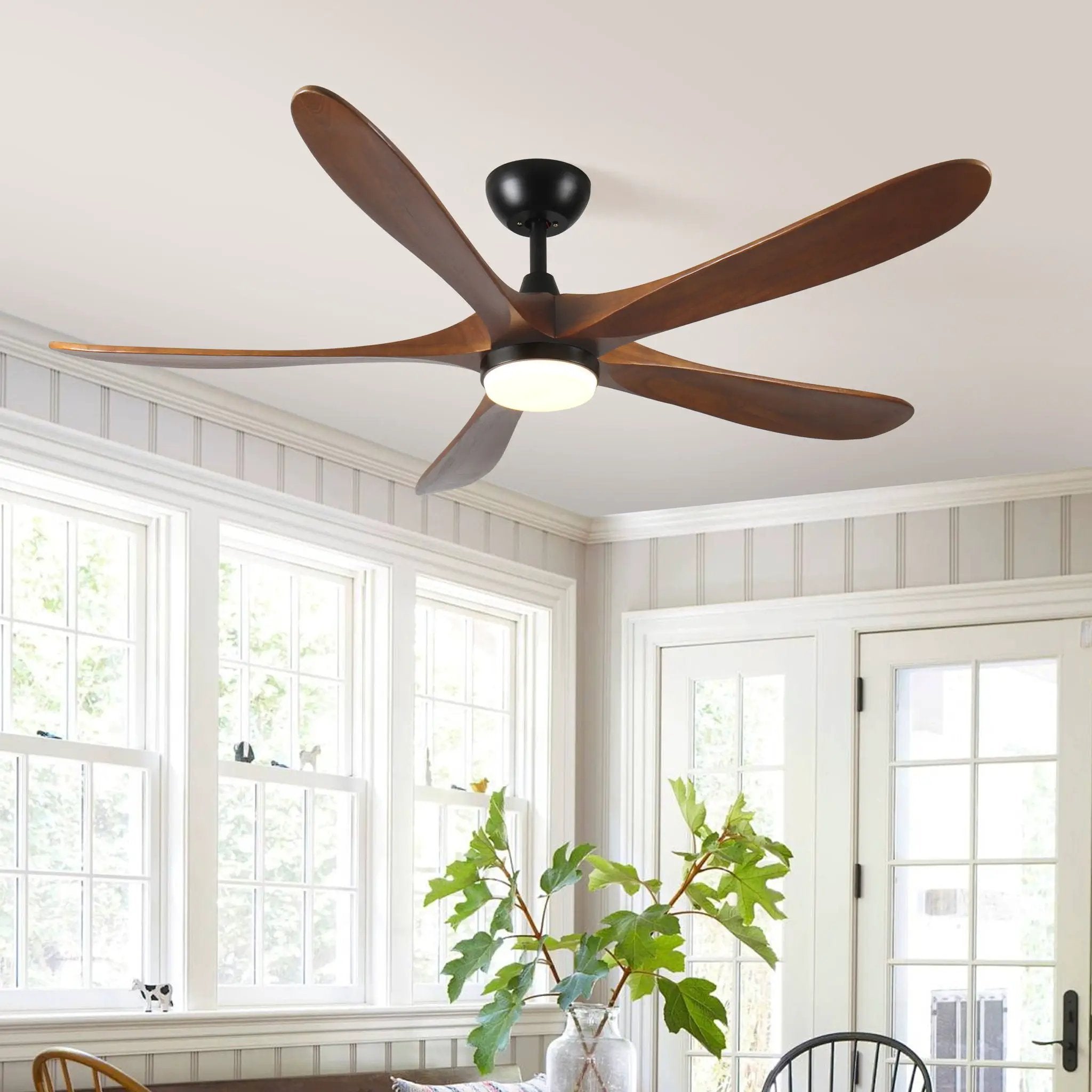 Solid Wood With Remote Control With Light (LED) Modern DC Motor Indoor / Outdoor 5 Blade Ceiling Fan For Patios, Bedrooms And Farmhouses - Antique Brown by HouseOfZazla