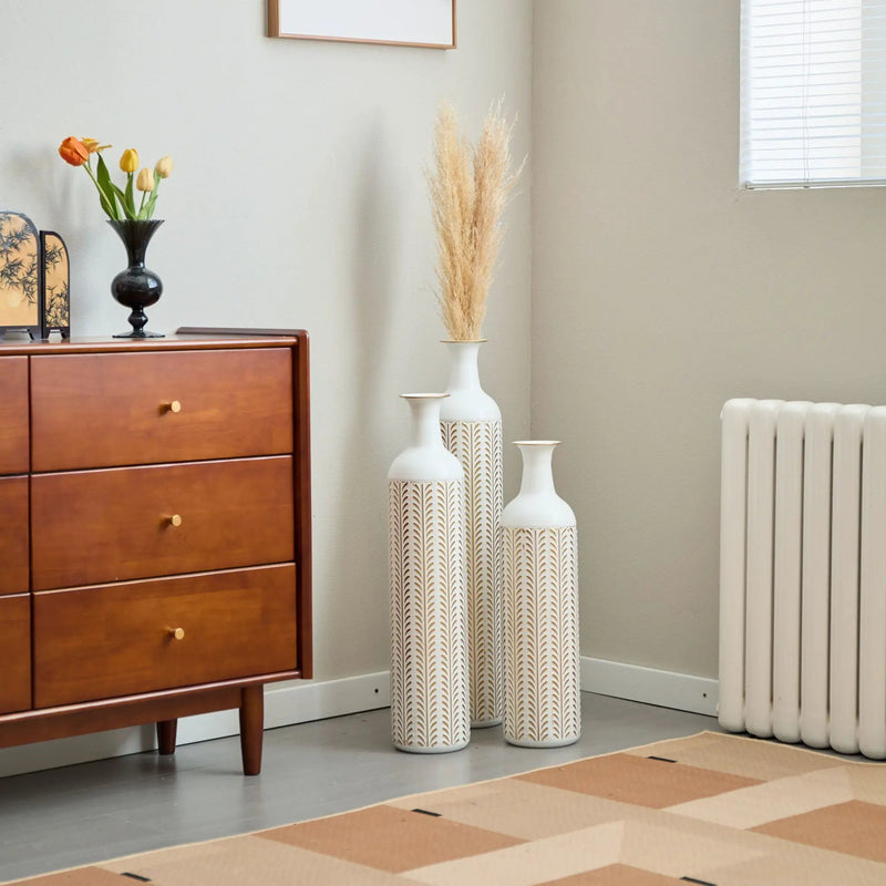 Floor Metal Vase Modern Style Decoration Home Metal Vase 3 Piece Set Gorgeous Home Decoration Large Glazed Metal Vase - Gold / White by HouseOfZazla