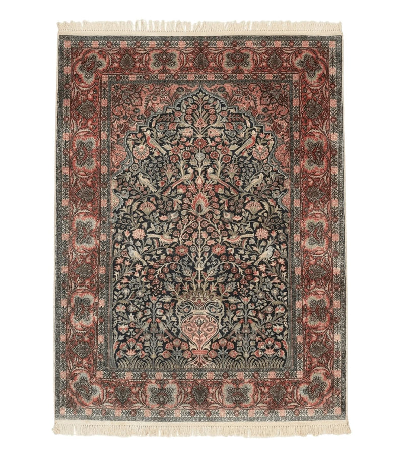 Silk Indian Kashmiri Rug 4x6, Tree of Life Pattern, Birds, Fine 290 KPSI, Navy Blue and Red, Handmade Oriental Carpet by Jewel Rugs