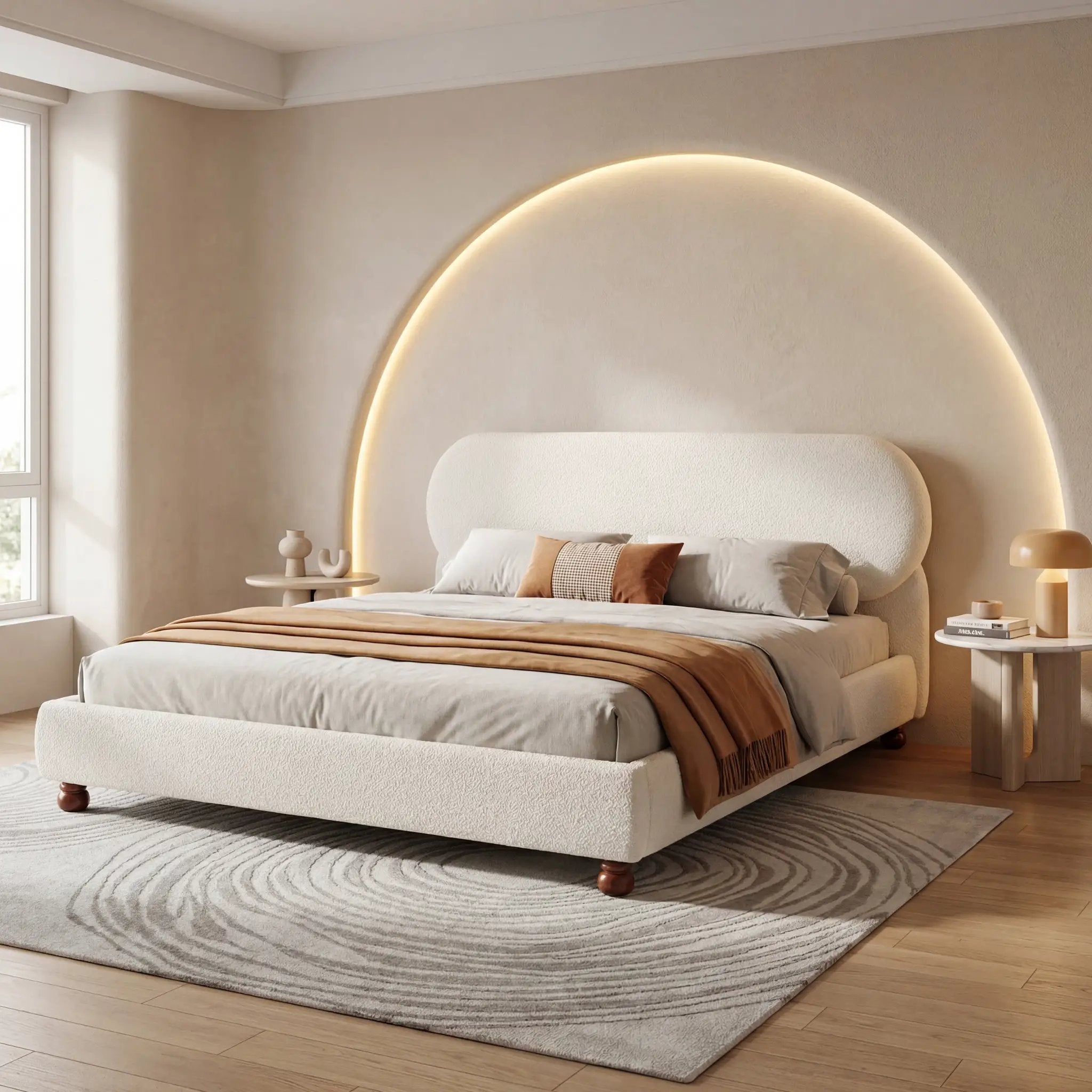 Cream-colored Boucle Upholstered Bed with Rubber Wood Foot, Queen by HouseOfZazla