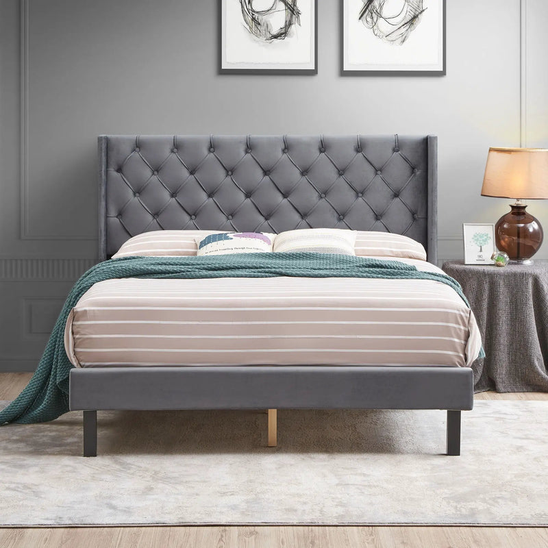 Velvet Button Tufted-Upholstered Bed With Wings Design Strong Wood Slat Support Queen Platform Bed - Gray by Unique Piece Furniture
