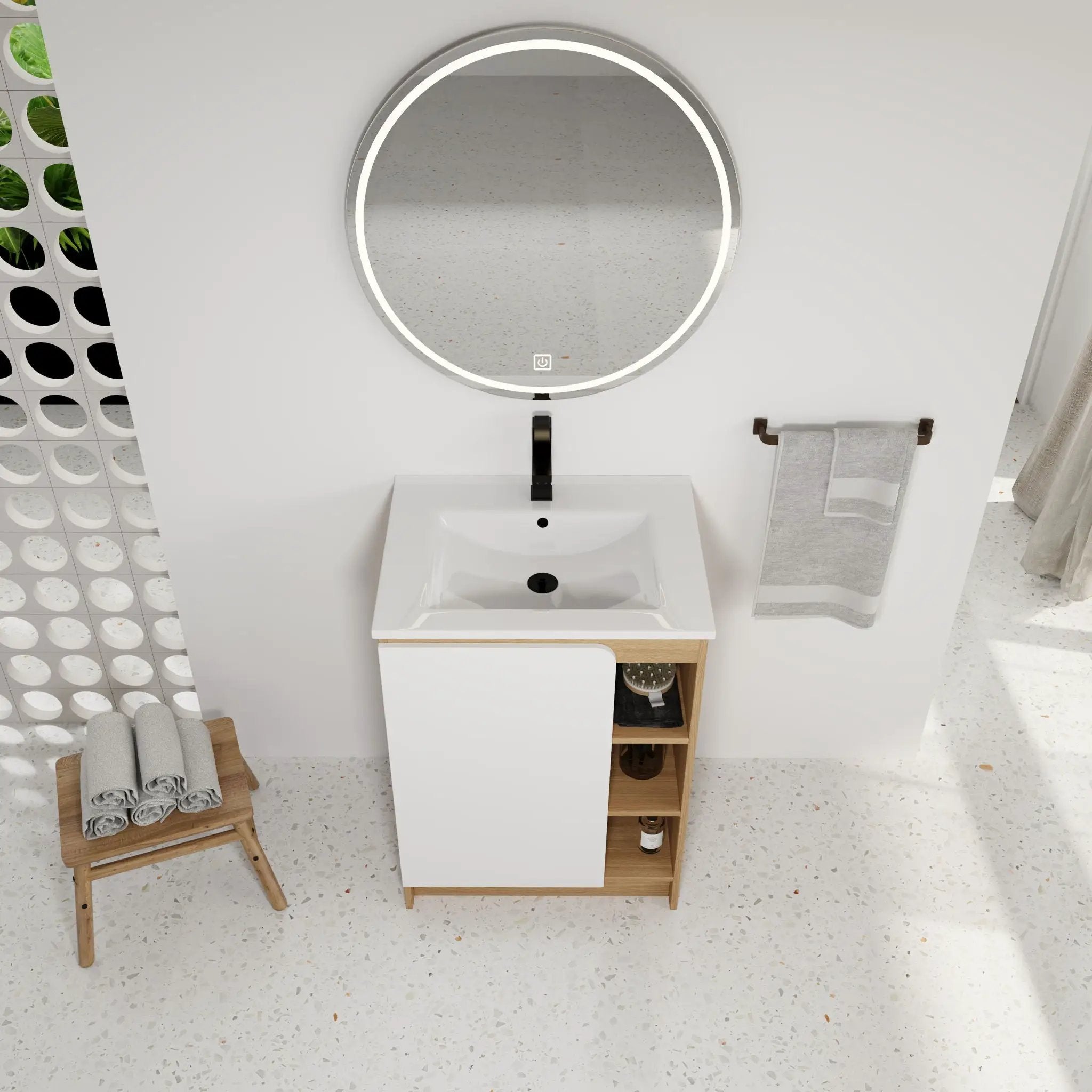 Freestanding Bathroom Vanity With Thin Rim Sink, Single Door With 4 Tier Open Shelves - Light Oak / White by HouseOfZazla
