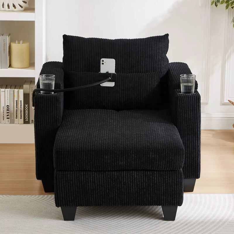 Convertible Chaise Lounge Sofa Chair With USB Ports, Cup Holders, Phone Holder And Storage by HouseOfZazla
