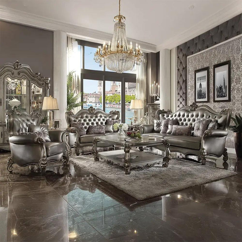 Versailles - Chair With 2 Pillows - Silver Synthetic Leather & Antique Platinum by Unique Piece Furniture