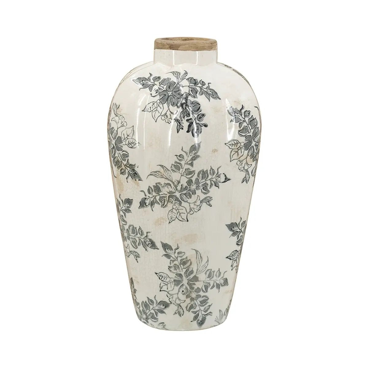 8.1x8.1x13.6' White Ceramic Accent Vase with Gray Floral Design by HouseOfZazla