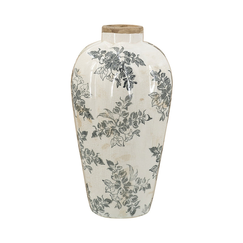8.1x8.1x13.6' White Ceramic Accent Vase with Gray Floral Design by HouseOfZazla