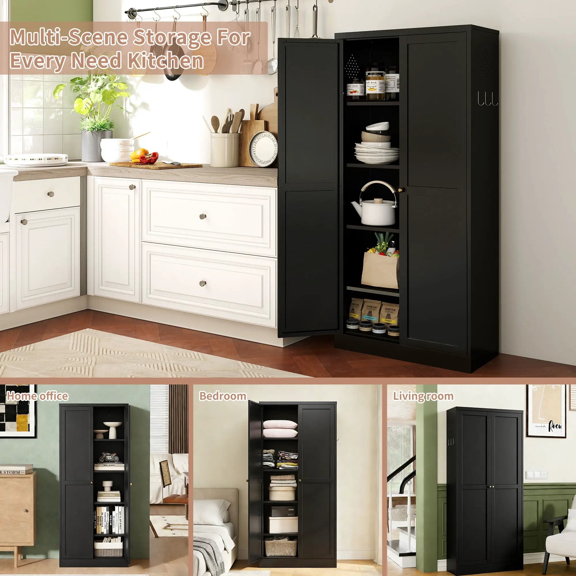 Kitchen Pantry Cabinet With 4 Adjustable Shelves, Heavy Duty Freestanding Organizer by Unique Piece Furniture