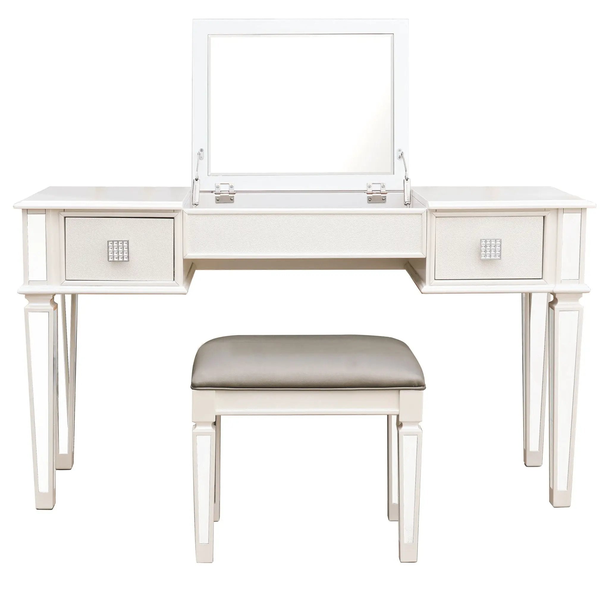 Mirrored Vanity Desk With Drawers And Stool, Flip Up Dressing Table Set For Makeup Room by HouseOfZazla