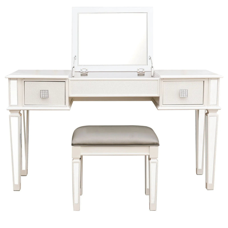 Mirrored Vanity Desk With Drawers And Stool, Flip Up Dressing Table Set For Makeup Room by HouseOfZazla