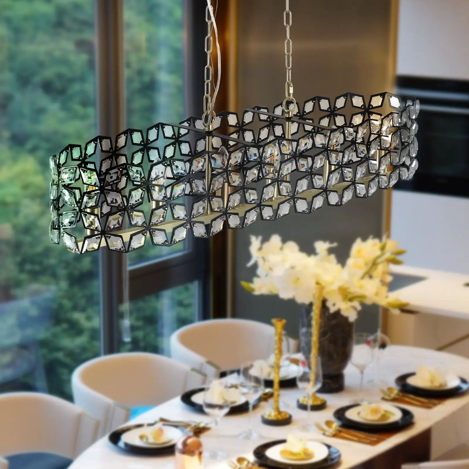 39" Contemporary Crystal and Black-Gold Pendant Chandelier by HouseOfZazla