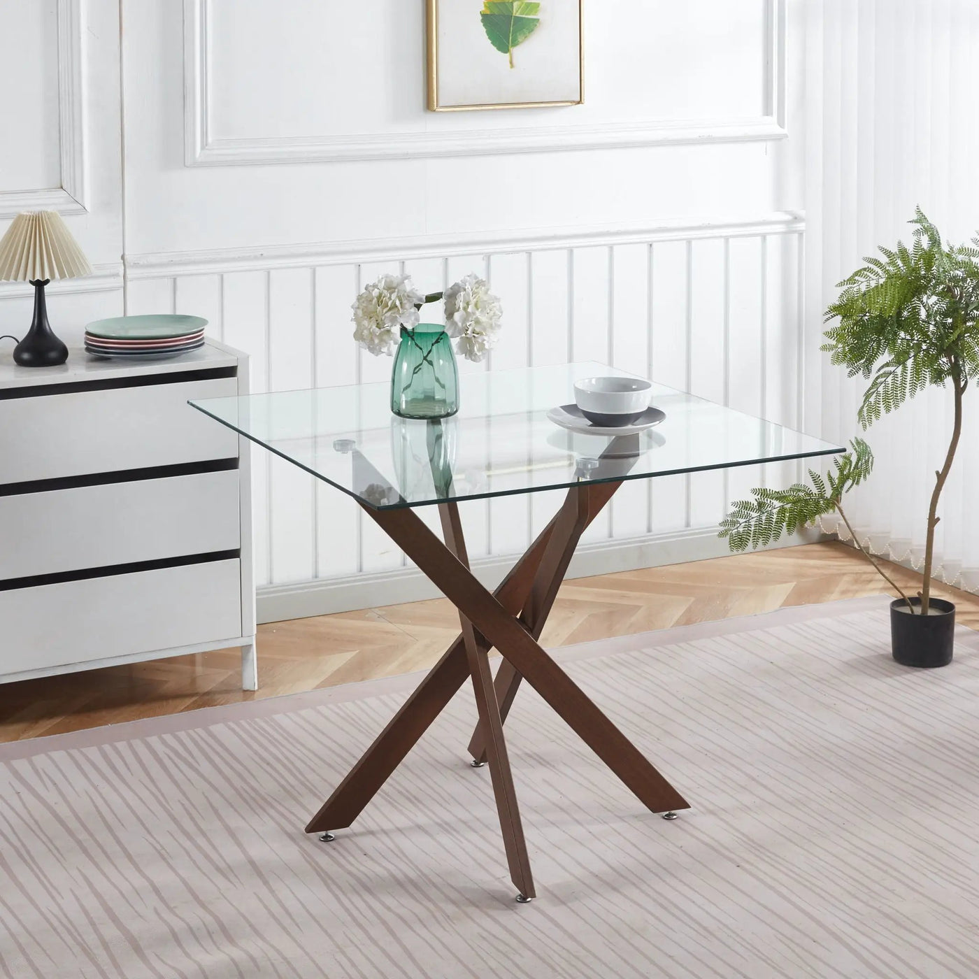 Dining Table With Cross Metal Leg And Tempered Glass, Modern Space Saving Kitchen Table For Living Room Legs, Square Table by Unique Piece Furniture