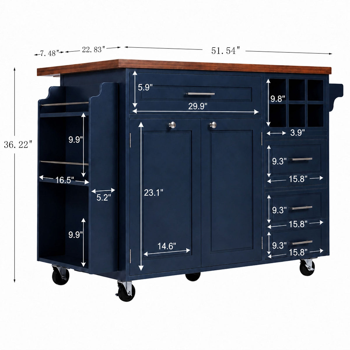Rolling Kitchen Island Cart with Drop-Leaf and Rubber Wood Top - Natural, photo 6 of 10