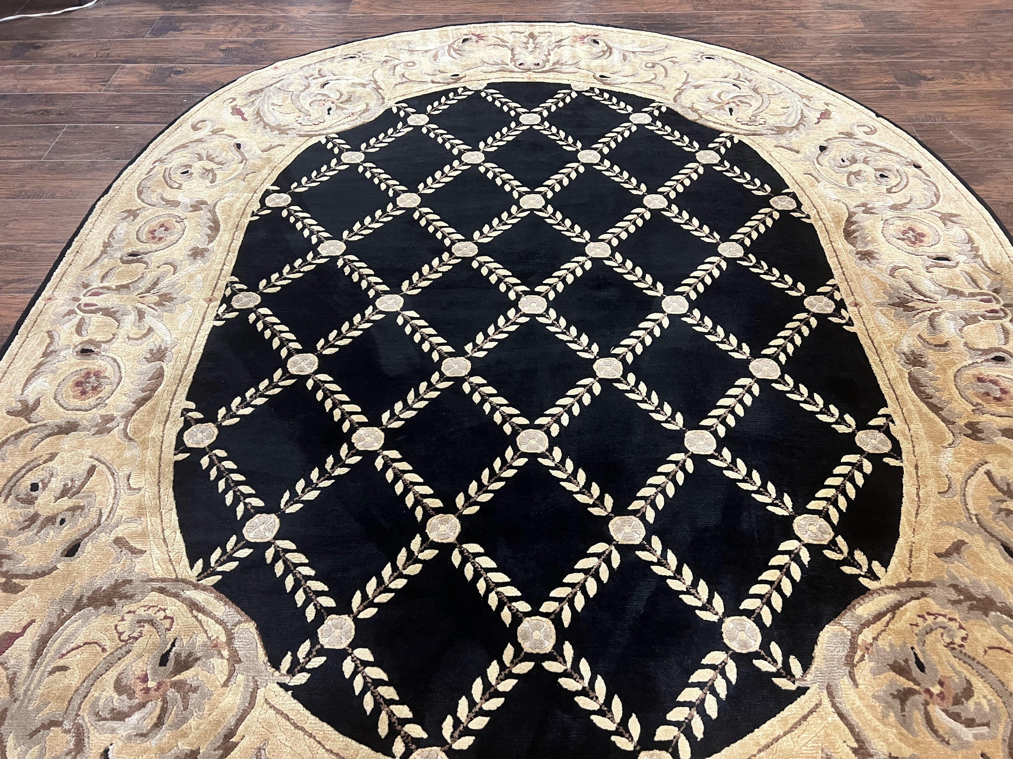 Oval Tibetan Rug 8x10, French Aubusson Design, Wool Handmade Vintage Carpet, Black & Beige, Soft Wool Pile by Jewel Rugs