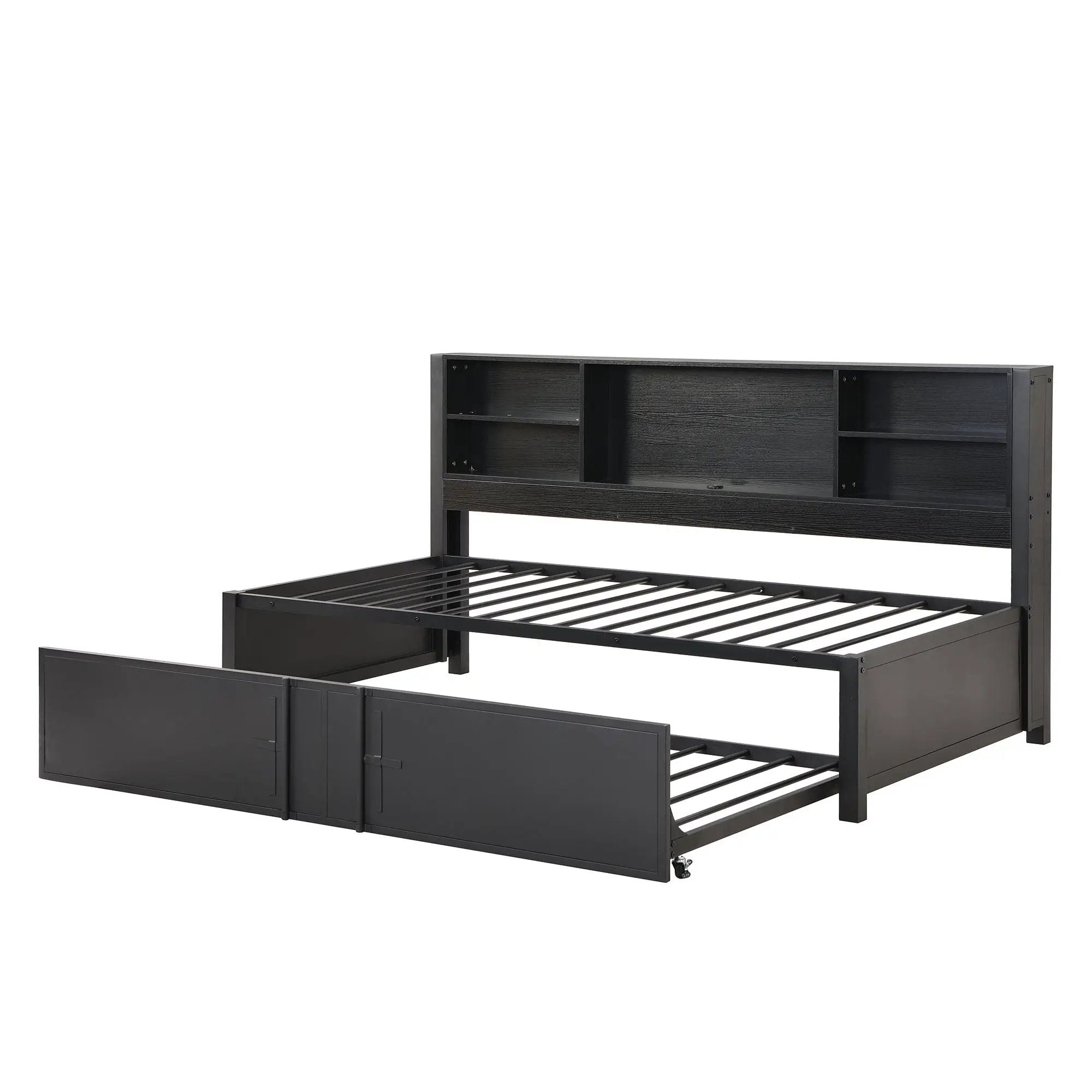 Industrial Metal Daybed With Trundle, Storage Shelves, USB Ports by Unique Piece Furniture