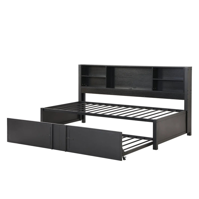 Industrial Metal Daybed With Trundle, Storage Shelves, USB Ports by Unique Piece Furniture