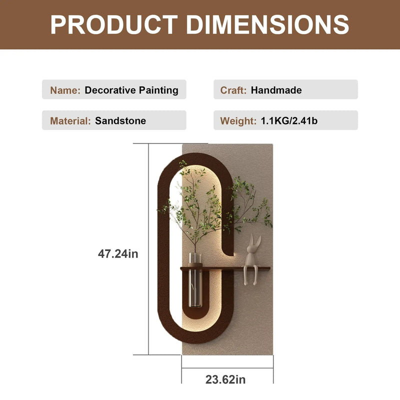Adjustable LED Sandstone Wall Decor With Simulated Plants 3D Art Sculpture, Glass Vase & Rabbit Statue, Remote Control - Light Coffee by HouseOfZazla