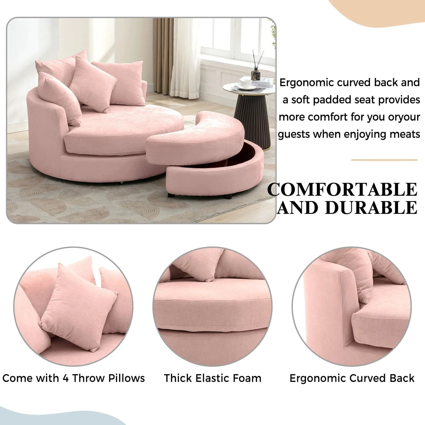 360° Swivel Accent Barrel Chair With Storage Ottoman & 4 Pillows, Modern Leisure Chair Round Accent For Living Room by Unique Piece Furniture