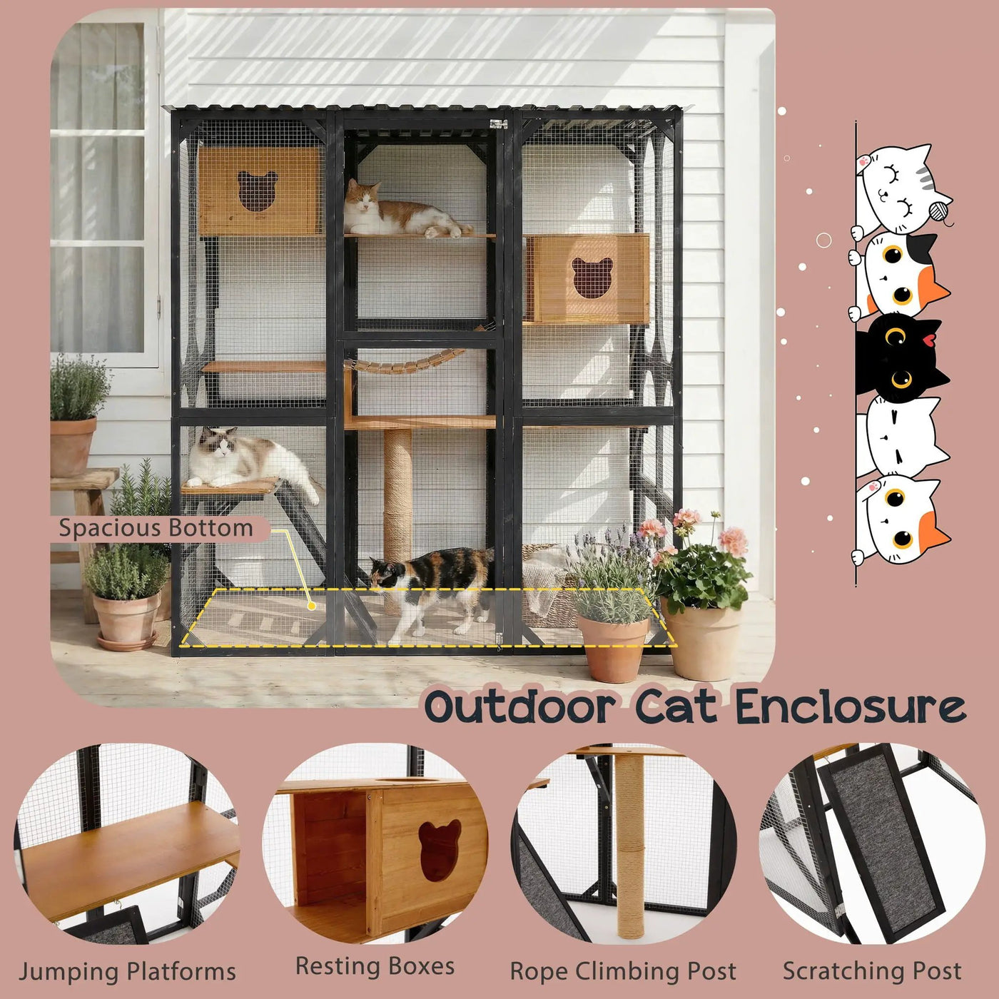 Outdoor Cat Enclosure With Sleeping Houses, Jumping Platforms, Scratching Post by HouseOfZazla