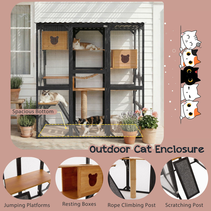 Outdoor Cat Enclosure With Sleeping Houses, Jumping Platforms, Scratching Post by HouseOfZazla
