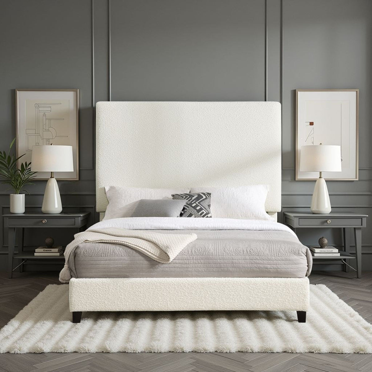 Queen Upholstered Headboard Platform Bed with Solid Wood Frame - White
