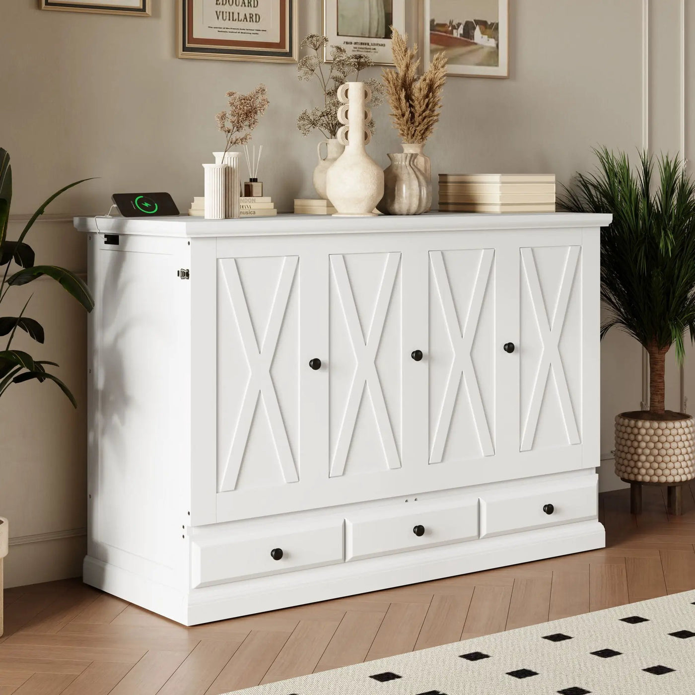Solid Pine Murphy Bed Chest Cube Cabinet Bed With Charging Station And Large Storage Drawer For Home Office Or Small Room by Unique Piece Furniture