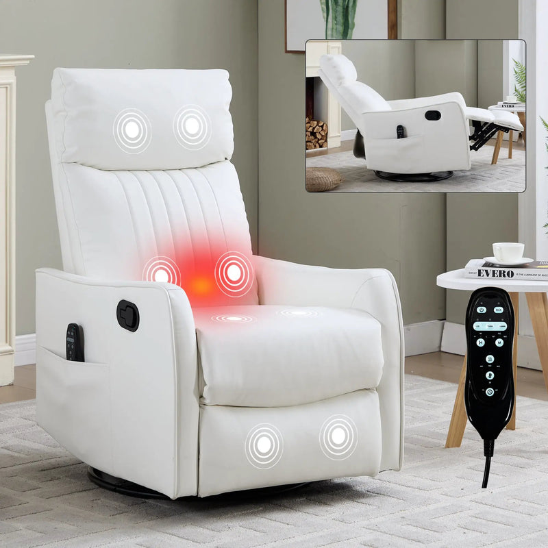 White Heat Massage Manual Recliner Chair with Rocker and Swivel in Faux Leather by HouseOfZazla