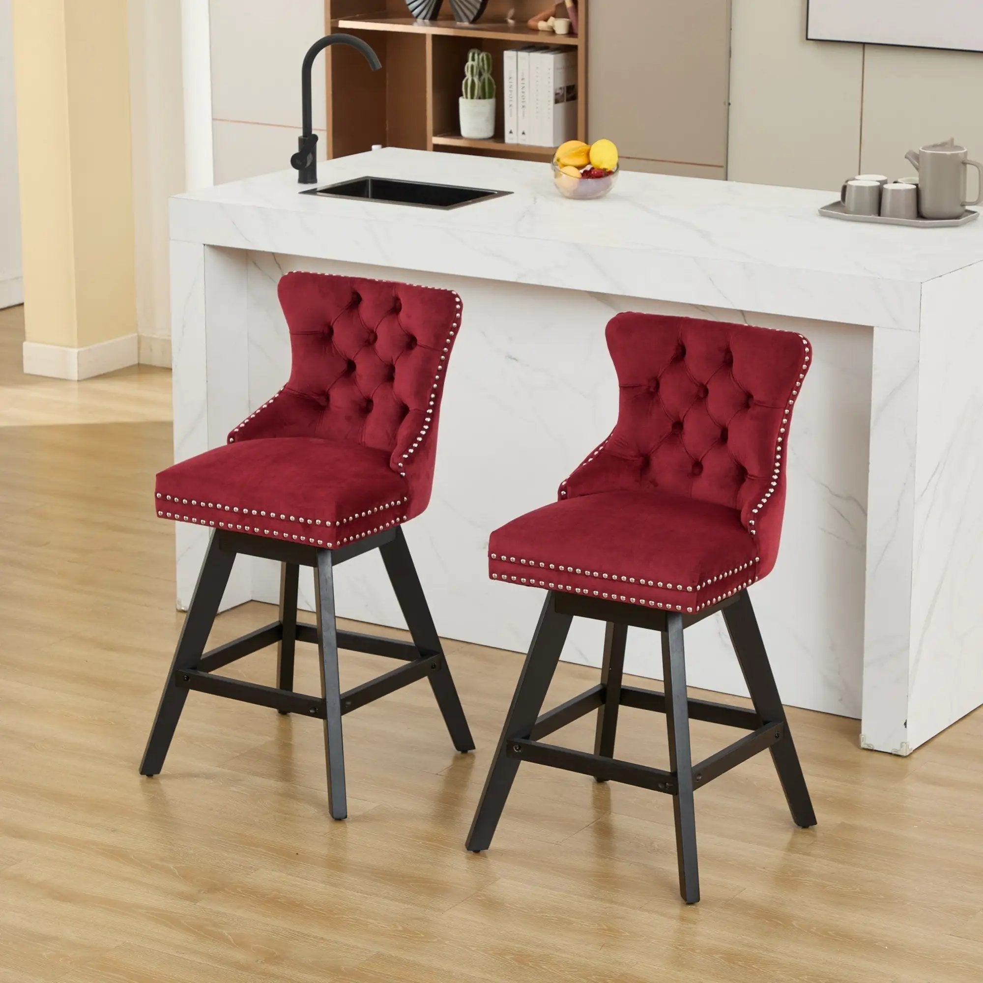 Swivel Velvet Barstools with Button Tufted Decoration - Set of 2 (Wine Red) by HouseOfZazla