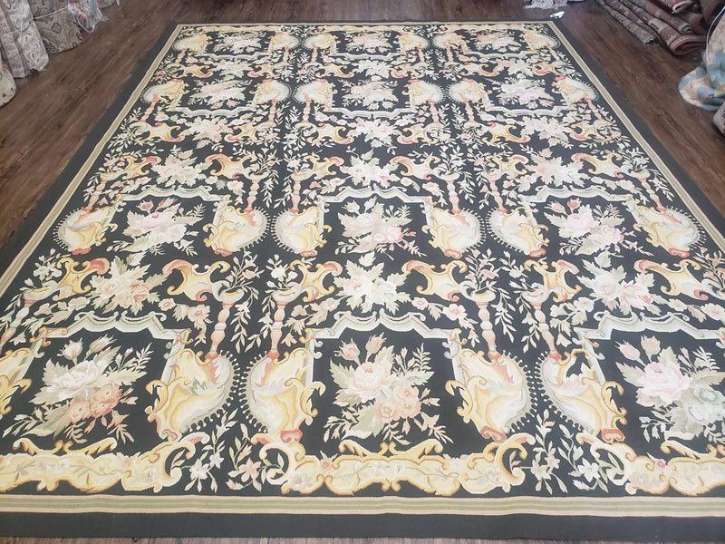 Vintage Black Aubusson Area Rug 8x10, Large Flowers Chinese Aubusson Carpet 7.9 x 10, Wool Hand-Knotted Floral Pattern Flat Weave Rug Nice by Jewel Rugs