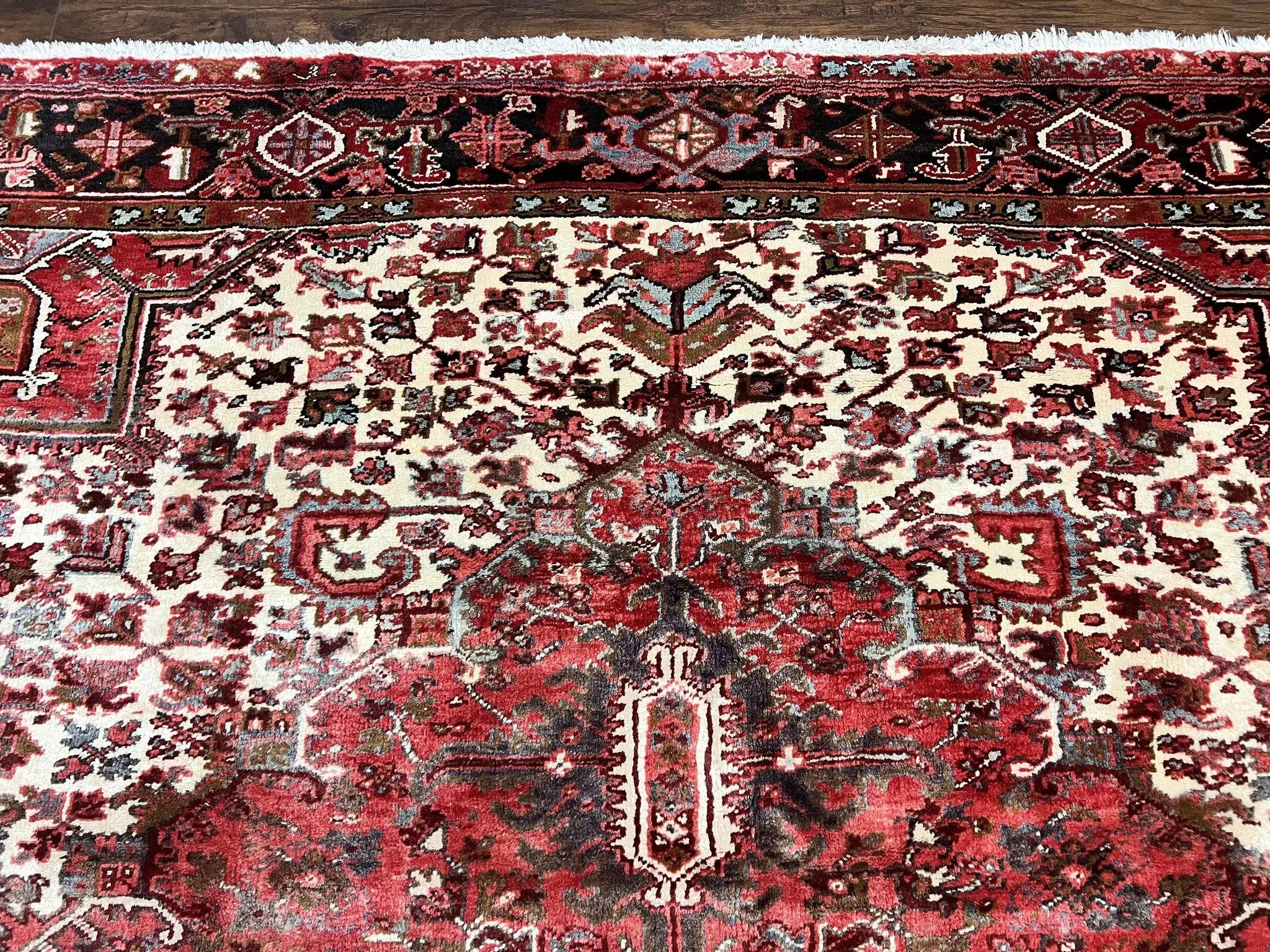 Large Persian Heriz Rug 10x13, Red and Cream Geometric Tribal Room Sized Handmade Wool Hand Knotted Semi Antique Decorative Oriental Carpet by Jewel Rugs