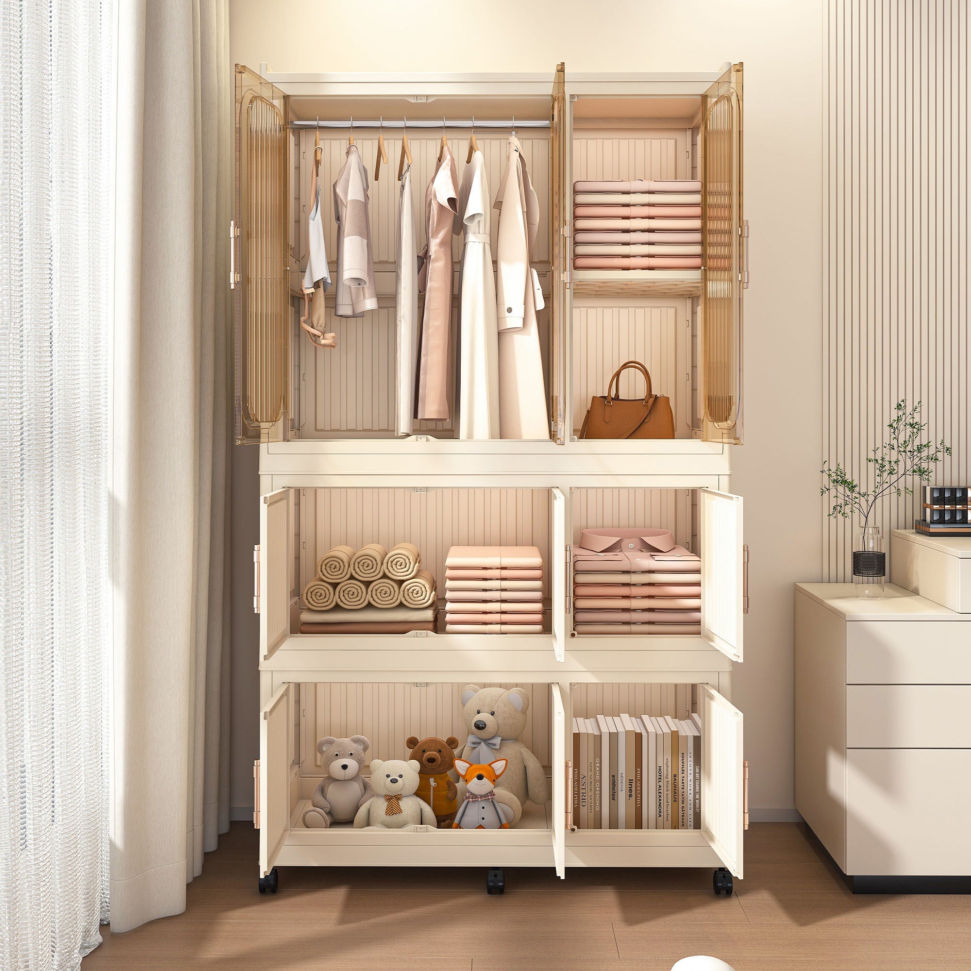 Portable Wardrobe Closet Storage Organizer With 9 Magnetic Doors - Cream White by HouseOfZazla