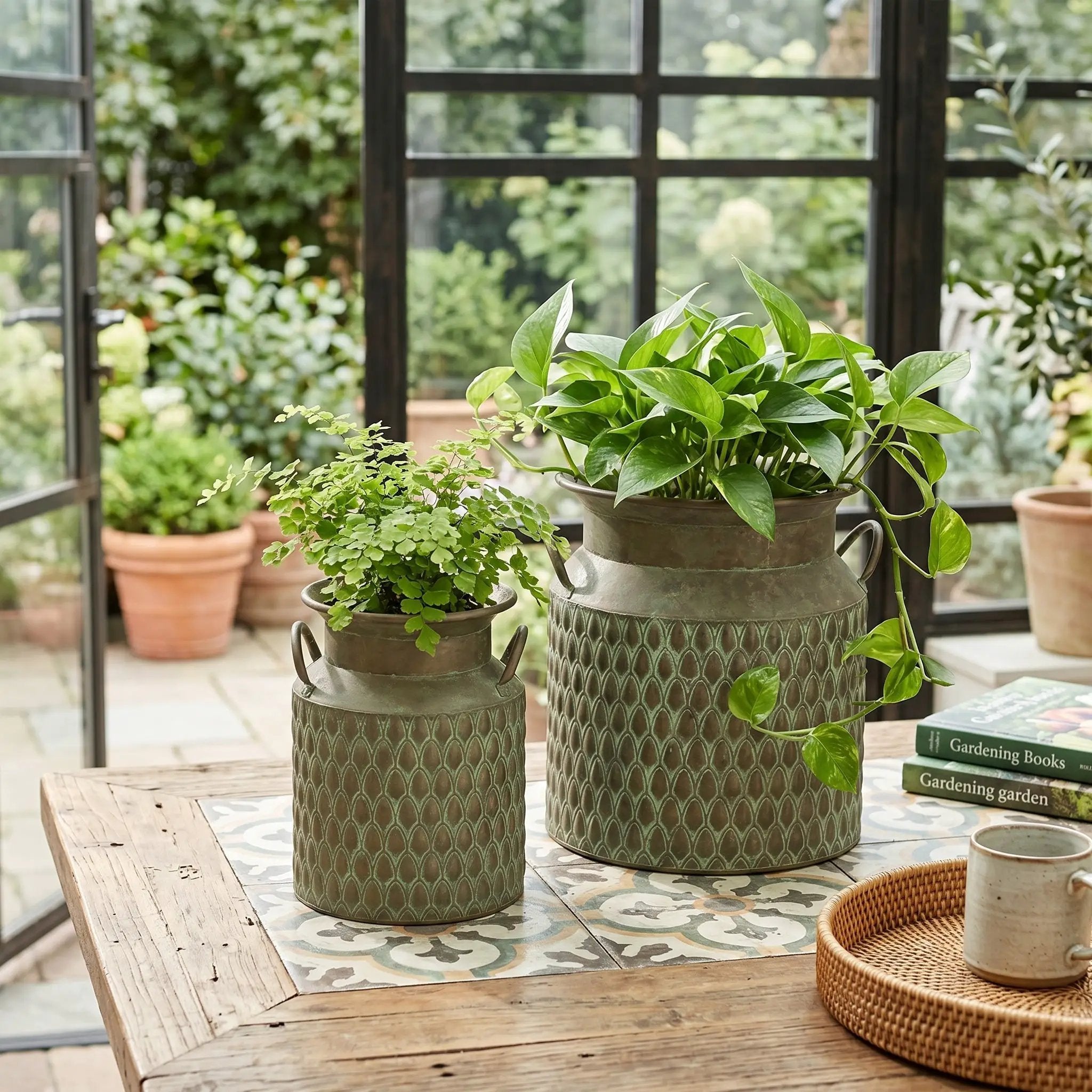 S/2 Iron Milk Jug Planters with Textured Green Finish by HouseOfZazla