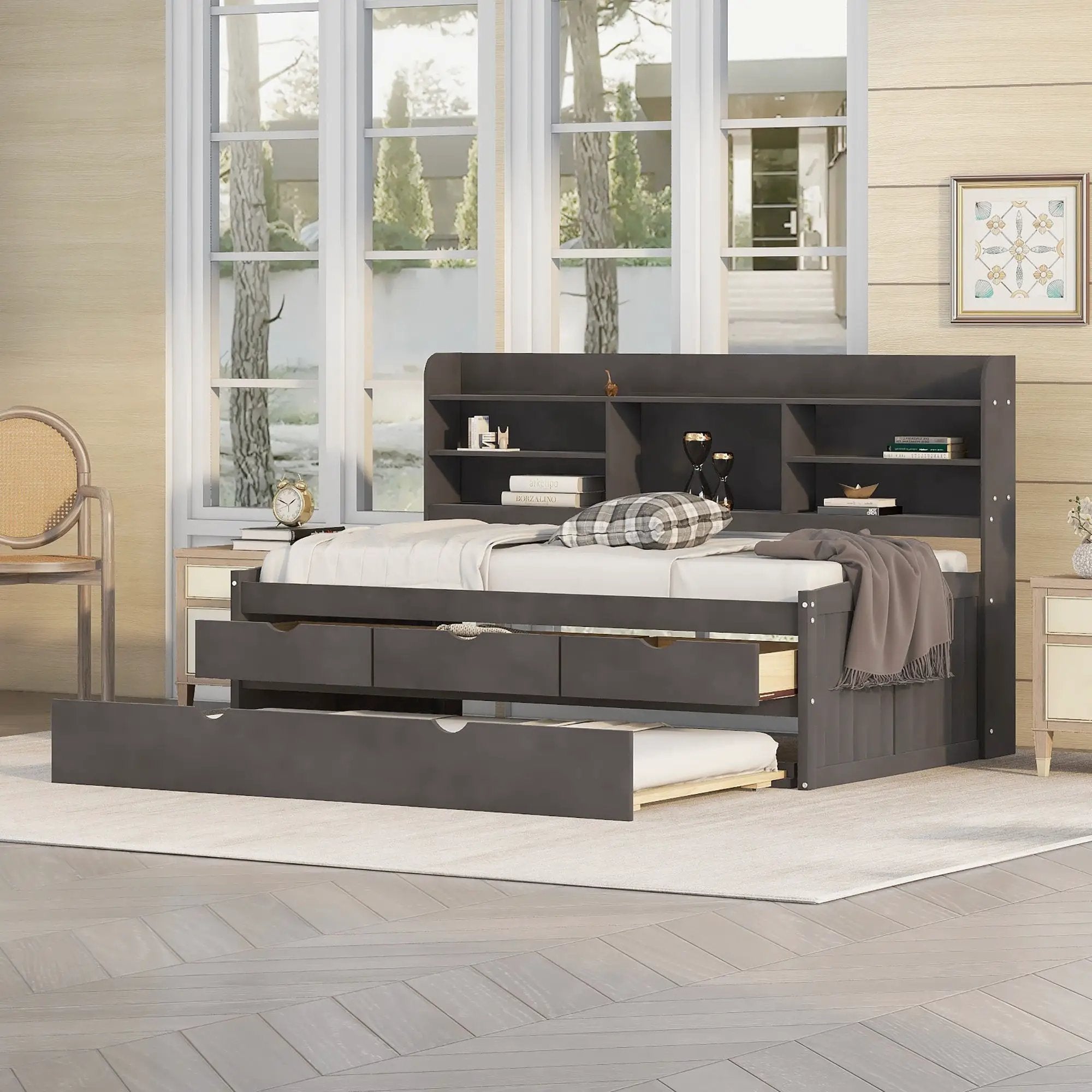 Captain Bed With Built In Bookshelves, 3 Storage Drawers, And Trundle by HouseOfZazla