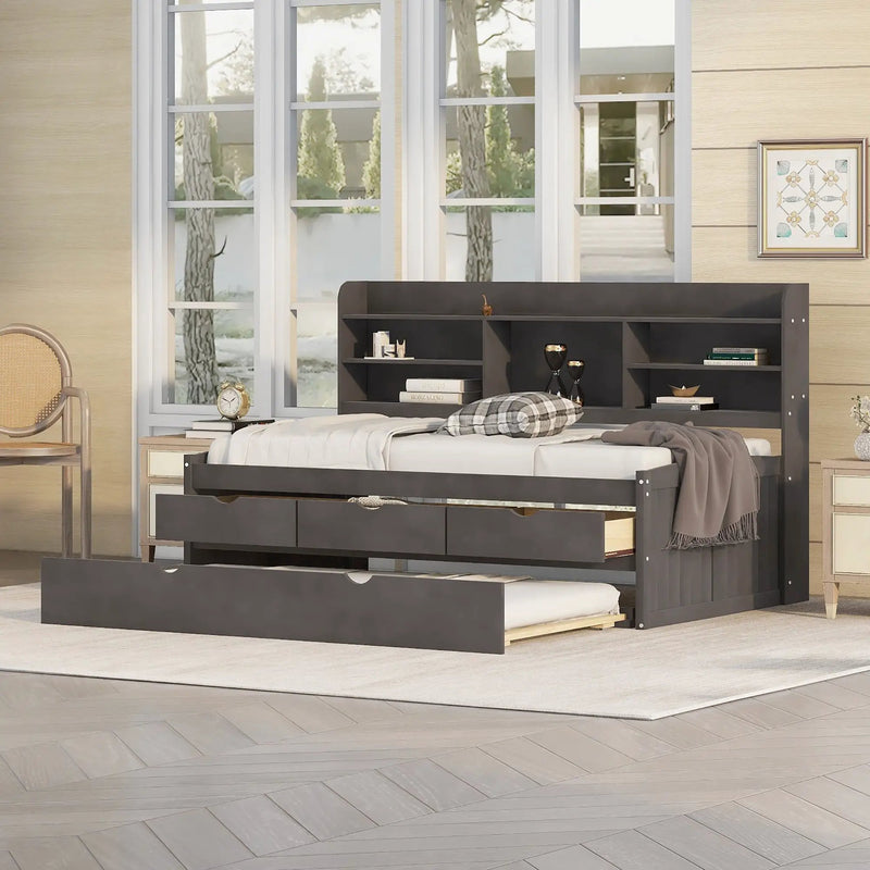 Captain Bed With Built In Bookshelves, 3 Storage Drawers, And Trundle by HouseOfZazla