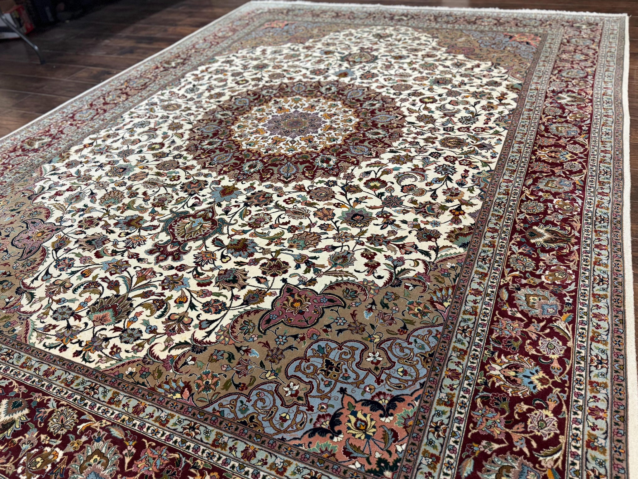 Persian Tabriz Rug 8x11, Floral Medallion Traditional Area Rug, Fine 300 KPSI, Ivory Maroon by Jewel Rugs