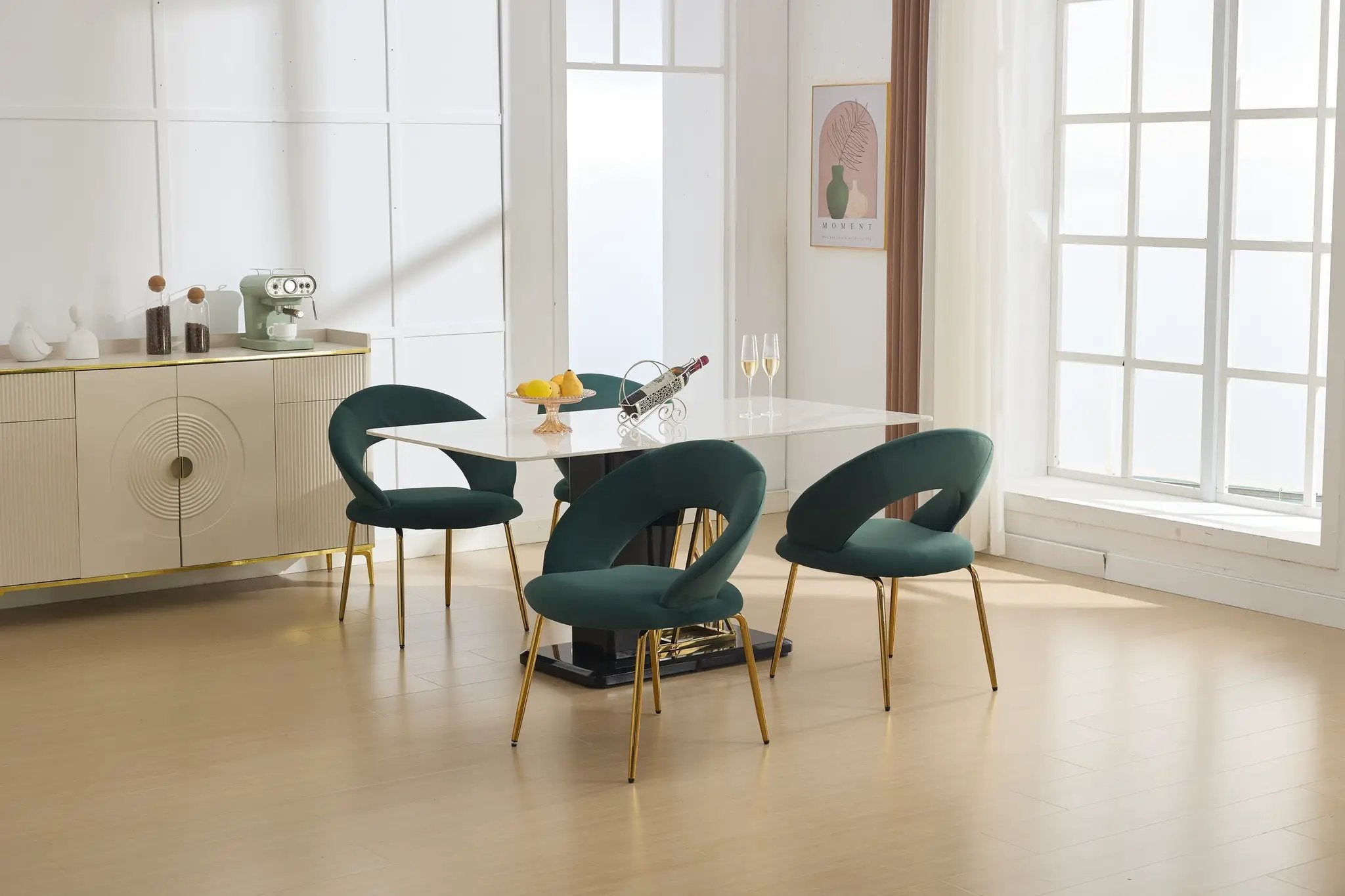 Velvet Fabric Dining Chair with Curved Backrest and Golden Metal Legs by HouseOfZazla
