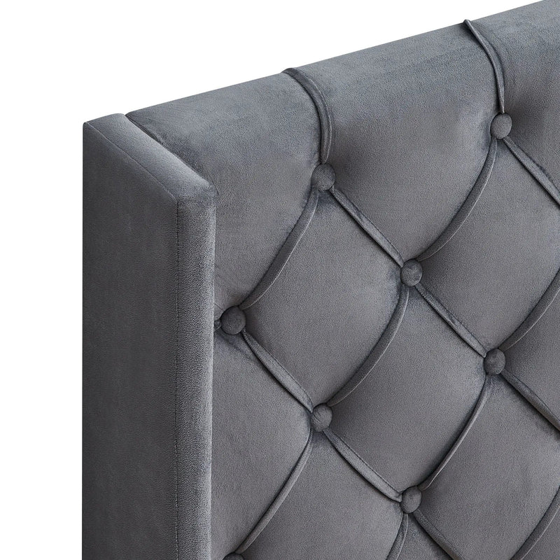 Queen Platform Tufted Upholstered Bed With Wings Design, Strong Wood Slat Support - Gray by HouseOfZazla