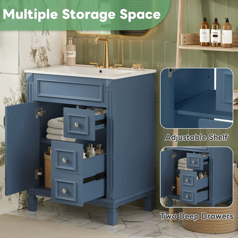 Bathroom Vanity With Ceramic Sink, Compact Cabinet With 2 Drawers And Adjustable Shelf - Blue by Unique Piece Furniture