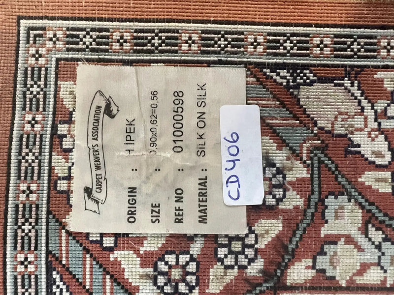 Turkish Silk Hereke Rug 2x3, Floral Vase Tree of Life Birds, Silk Pile on Silk Foundation, Vintage Oriental Carpet, Very Fine, Signature by Jewel Rugs