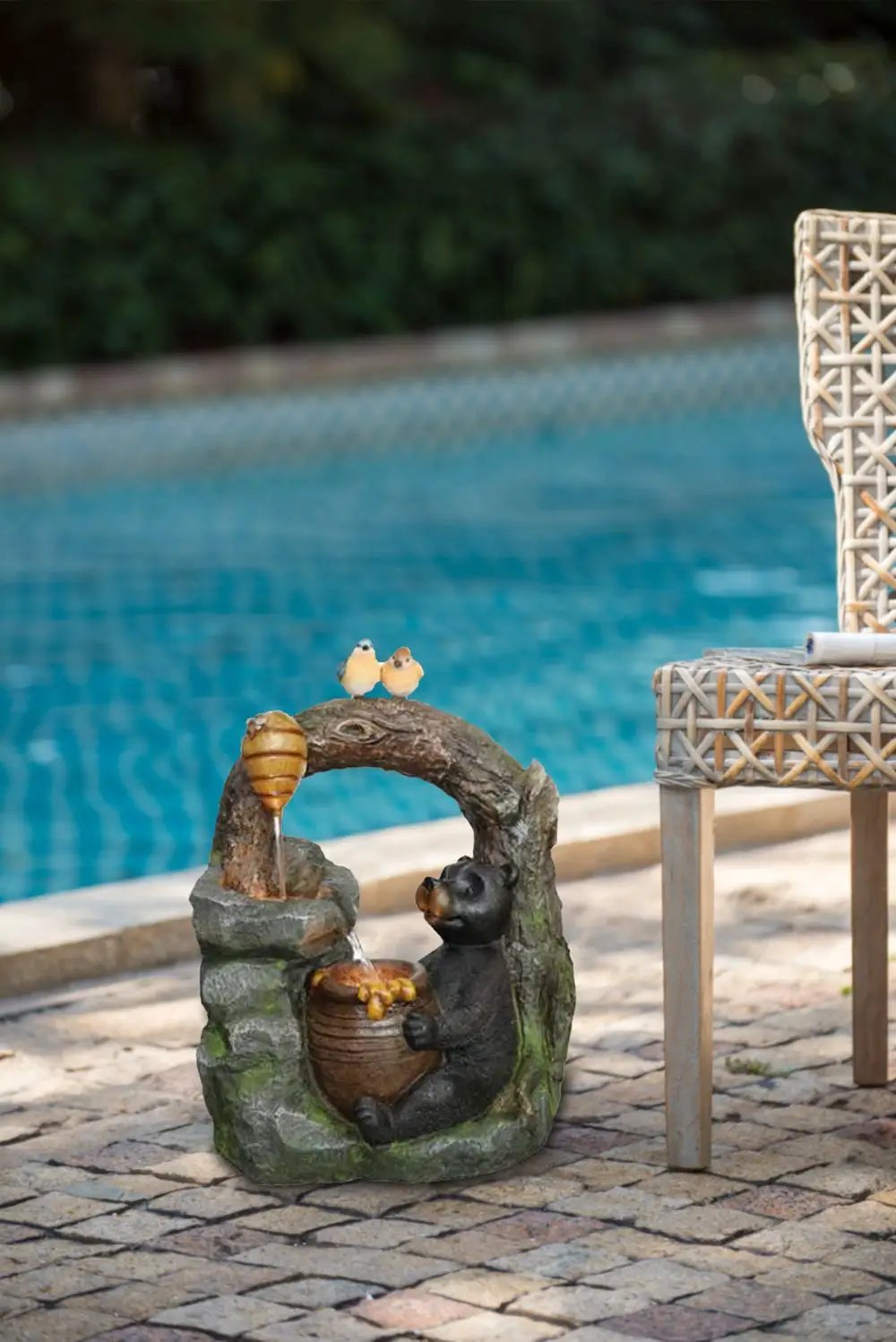 Decorative Two Tiered Water Fountain With Woodland Animal Design, Outdoor Fountain With Light And Pump - Dark Gray by Unique Piece Furniture
