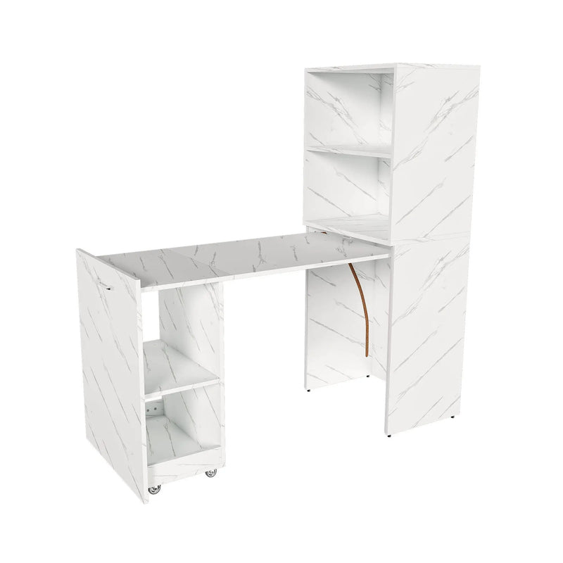 Stretchable Office Desk With Storage Shelves And Mobile Wheels, Foldable Design For Small Apartments - White Marble by HouseOfZazla