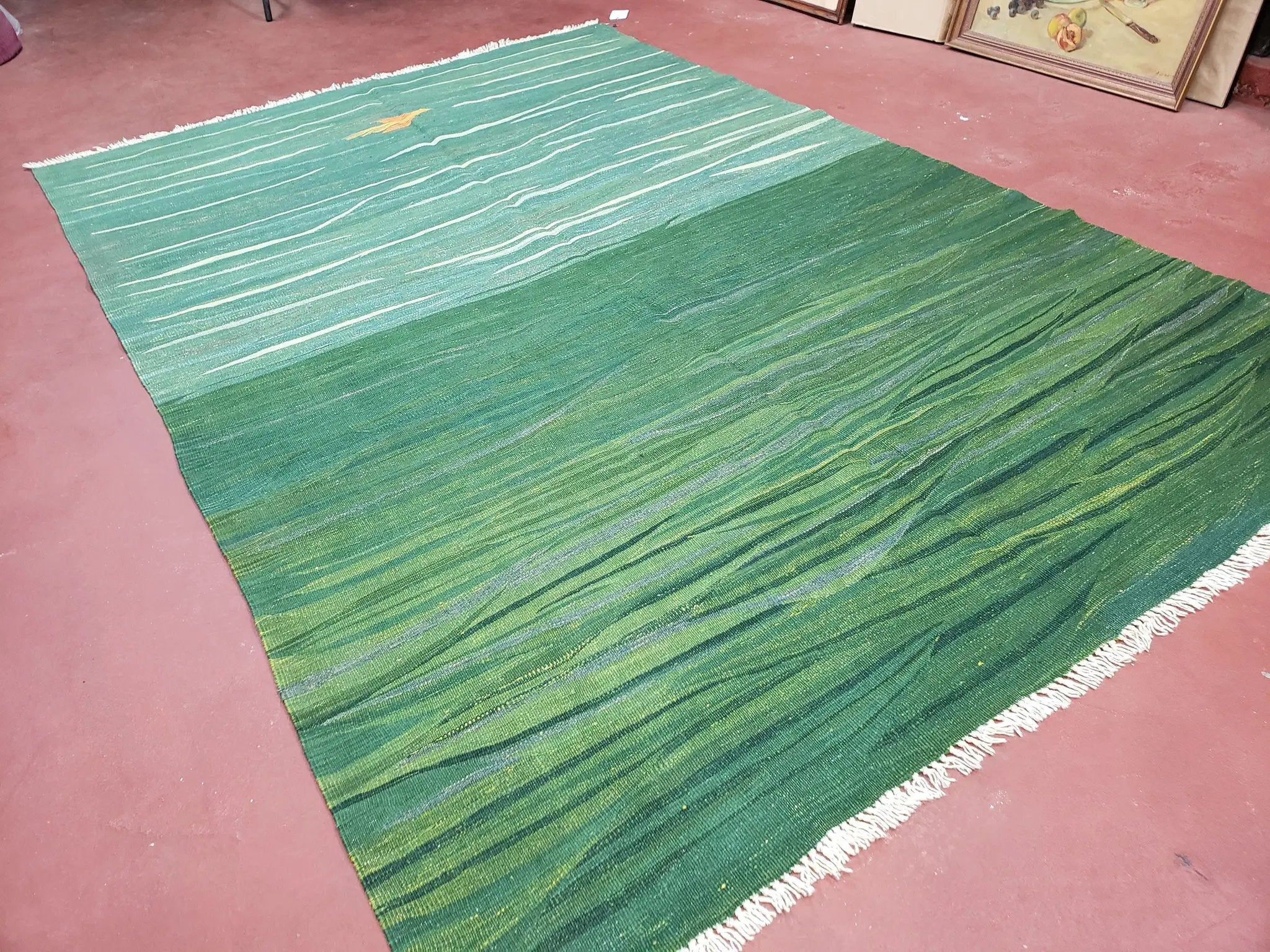 Green Turkish Kilim Rug, 6x9 - 7x10 Rugs, Bird, Handmade New Area Rug, Wool, Bohemian Boho Decor, Hand Woven, Modern Abstract Flat Weave Rug by Jewel Rugs