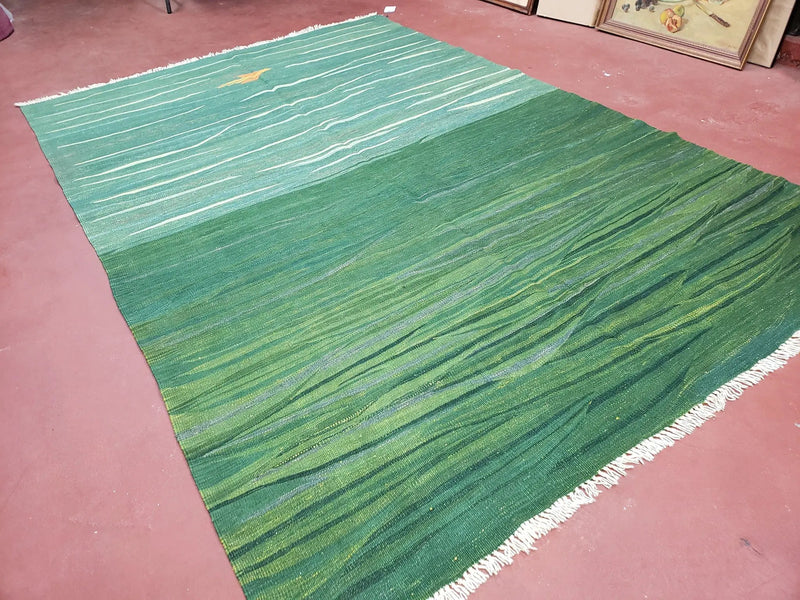 Green Turkish Kilim Rug, 6x9 - 7x10 Rugs, Bird, Handmade New Area Rug, Wool, Bohemian Boho Decor, Hand Woven, Modern Abstract Flat Weave Rug by Jewel Rugs