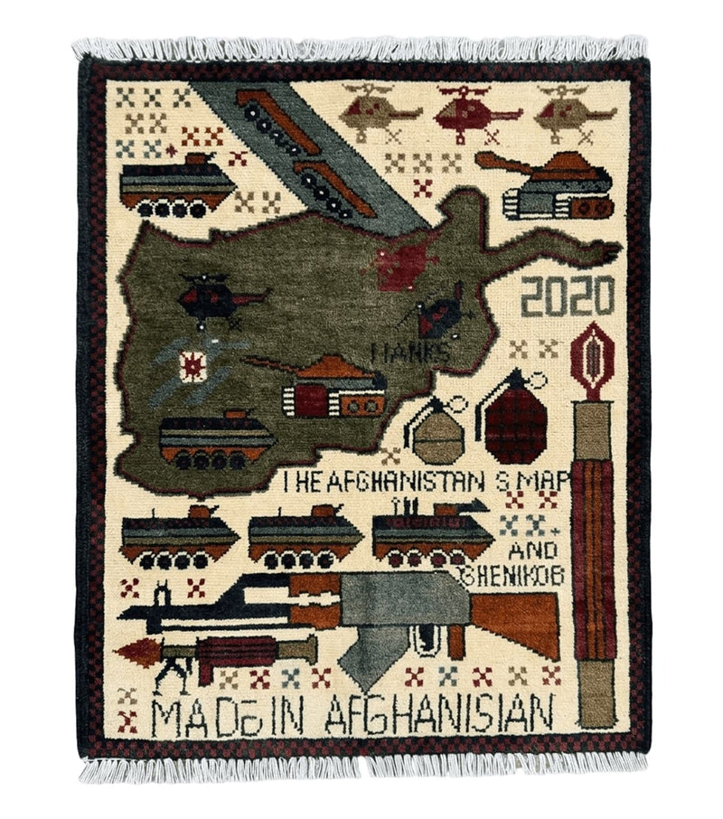Afghan War Rug, Tanks Helicopters Guns by Jewel Rugs