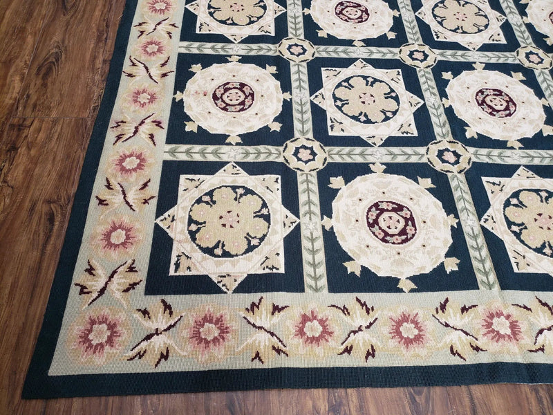 Vintage Chinese Needlepoint Rug 6x9, Panel Design Area Rug Wool Hand-Woven Black & Ivory Carpet Flat Weave Bedroom Rug 6 x 9 Living Room Rug by Jewel Rugs