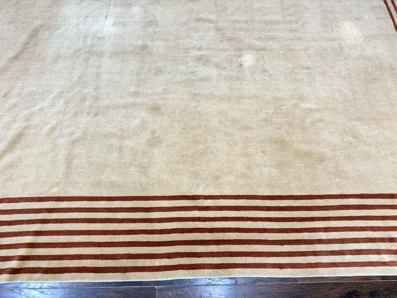 Modern Tibetan Rug 11 x 14.6, Wool and Silk, Simple Design, Handmade Large Area Rug, Cream by Jewel Rugs