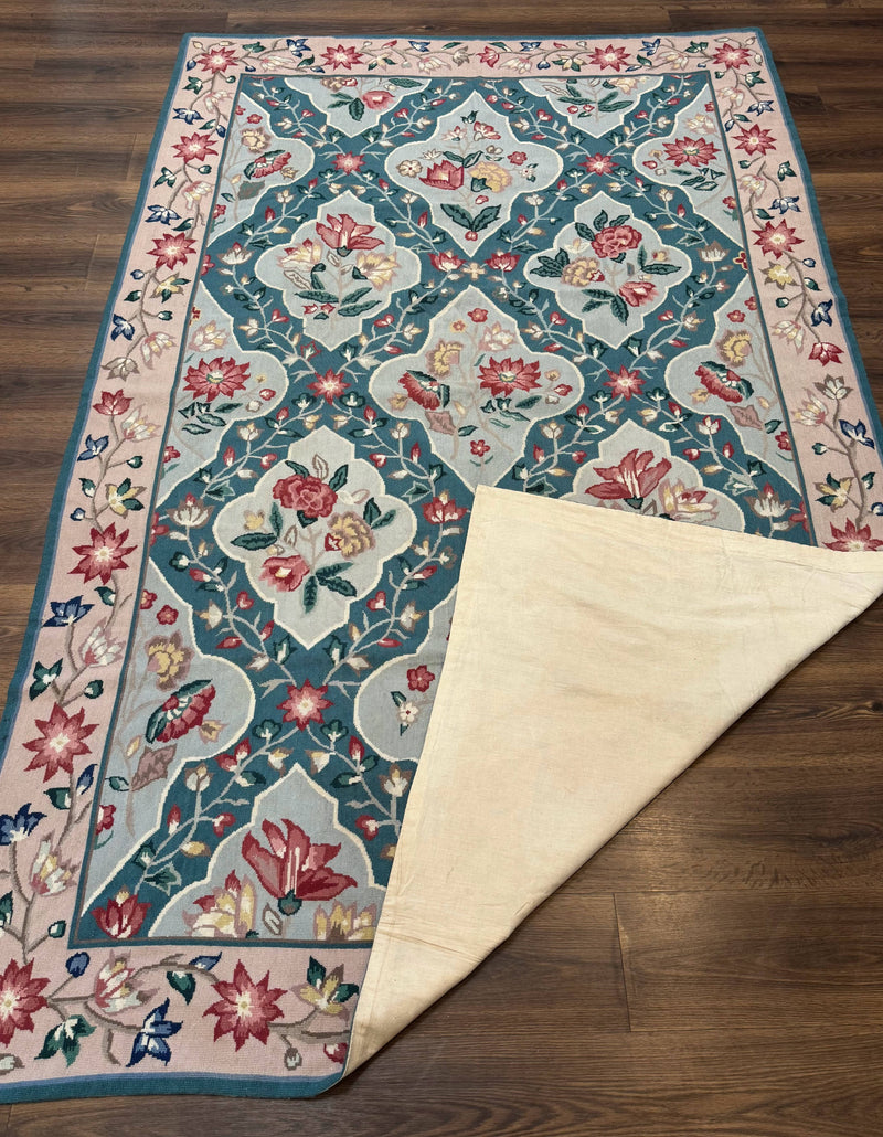 Teal Needlepoint Rug 6x9, Panel Design, Floral Bouquets, Handmade by Jewel Rugs