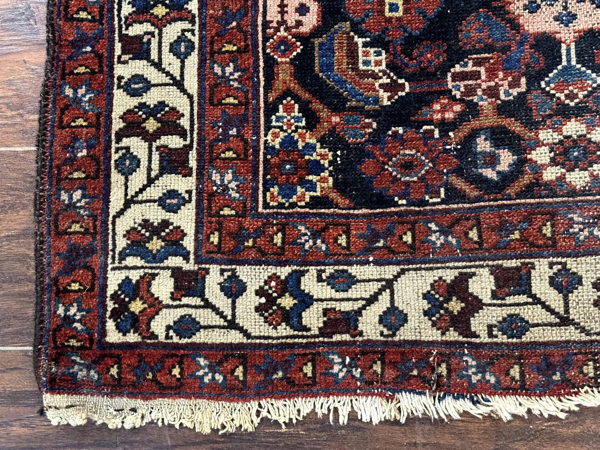 Navy Blue Antique Persian Rug 3x6, Blue and Ivory Persian Carpet, Handmade 1920s Hamadan Rug by Jewel Rugs