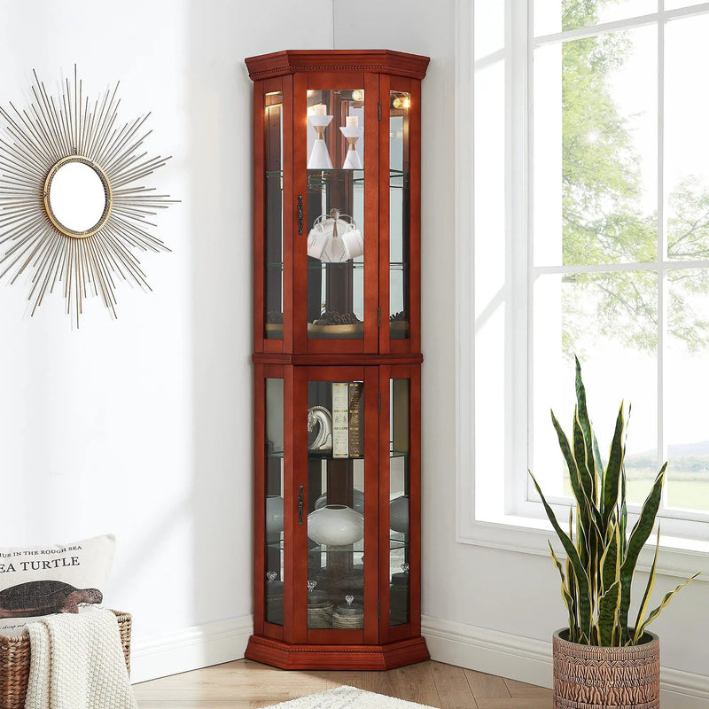 Corner Curio Cabinet With Lights, Adjustable Tempered Glass Shelves, Mirrored Back, Display Cabinet (E26 Light Bulb Not Included) by HouseOfZazla
