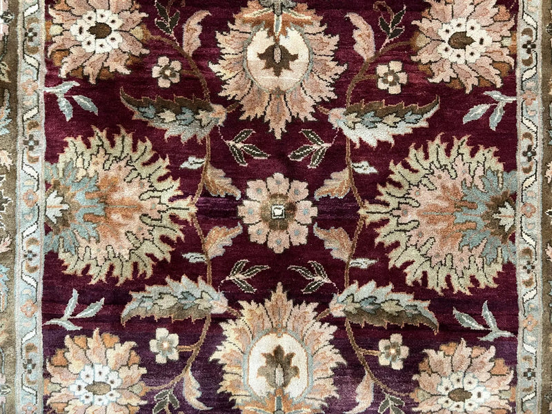 Indo Mahal Rug 6x9, Large Flowers Allover, Maroon and Green, Handmade Wool Area Rug, Vintage Rug, Indian Oriental Carpet, Hand Knotted Rug by Jewel Rugs